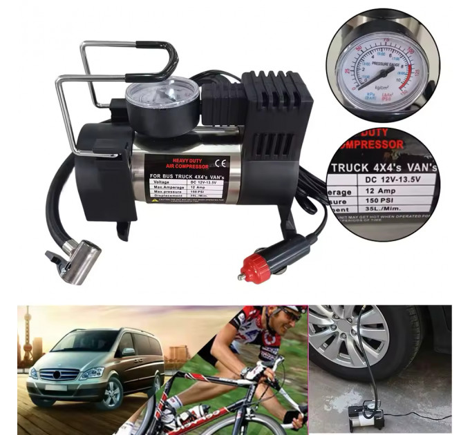 Компрессор Heavy Duty 12V — давление 150 PSI, производительность 35 л/мин, манометр